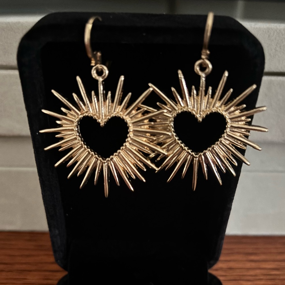 Gold Sunburst Heart Drop Earrings - Valentine’s Day Perfection